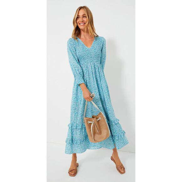 Pink City Prints Tuckernuck Ocean Ditsy Isabel V Neck Dress Long Sleeve Cotton - Picture 1 of 16